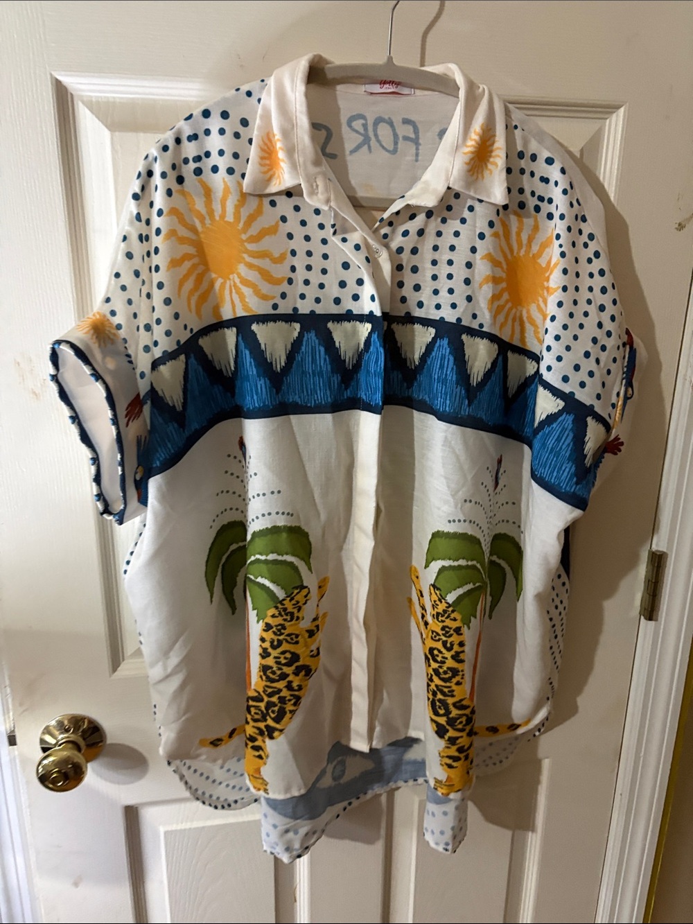 Sun & Palm Patterned Button-Front Shirt - White/Blue/Yellow